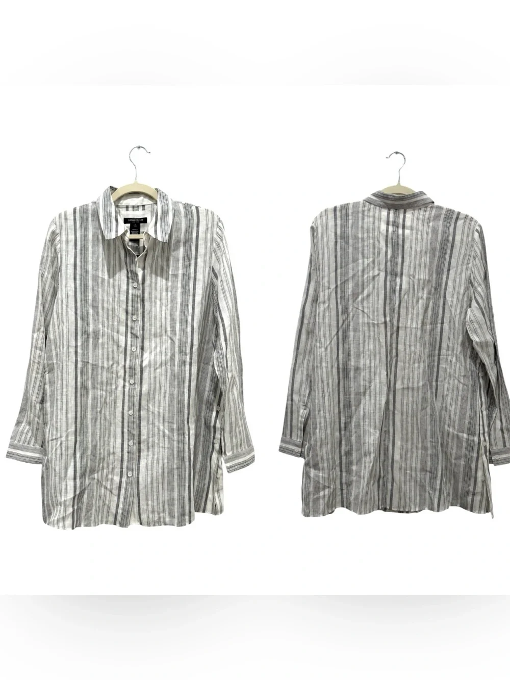 NWT Lafayette 148 linen button down stripe shirt with side button detail - Picture 7 of 10